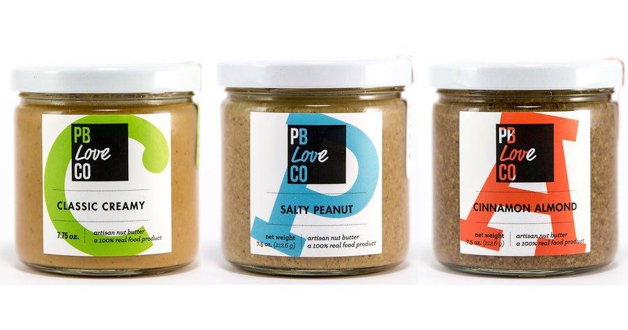 PB Love Co Threesomes three flavors jars image - Classic Creamy, Salty Peanut, and Cinnamon Almond.