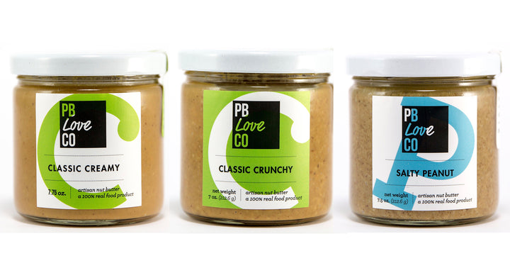 PB Love Co Threesomes three flavors jars image - Classic Creamy, Classic Crunchy, and Salty Peanut.