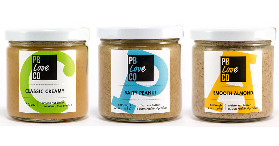 PB Love Co Threesomes three flavors jars image - Classic Creamy, Salty Peanut, and Smooth Almond.