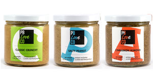 PB Love Co Threesomes three flavors jars image - Classic Crunchy, Salty Peanut, and Cinnamon Almond.