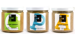 PB Love Co Threesomes three flavors jars image - Classic Crunchy, Salty Peanut, and Smooth Almond.