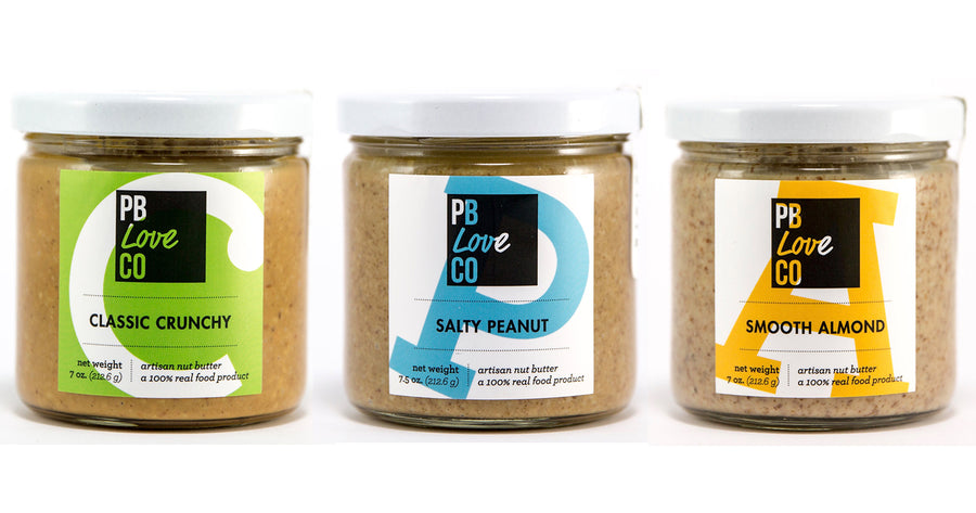 PB Love Co Threesomes three flavors jars image - Classic Crunchy, Salty Peanut, and Smooth Almond.